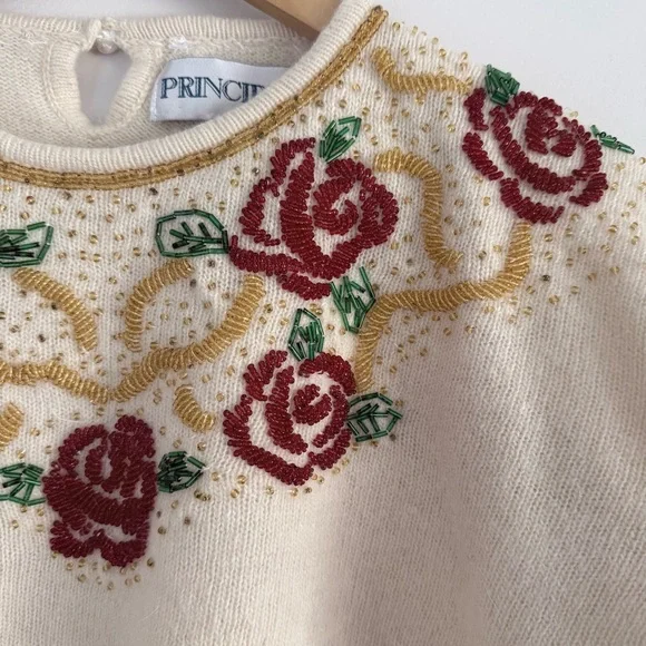 Vintage Principles Ivory Sweater with Burgundy Rose Pattern and Beading - Picture 3 of 5